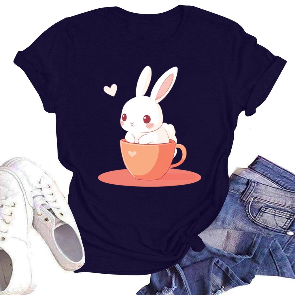 Tricou cu mânecă scurtă și imprimeu casual pentru femei, cu guler rotund