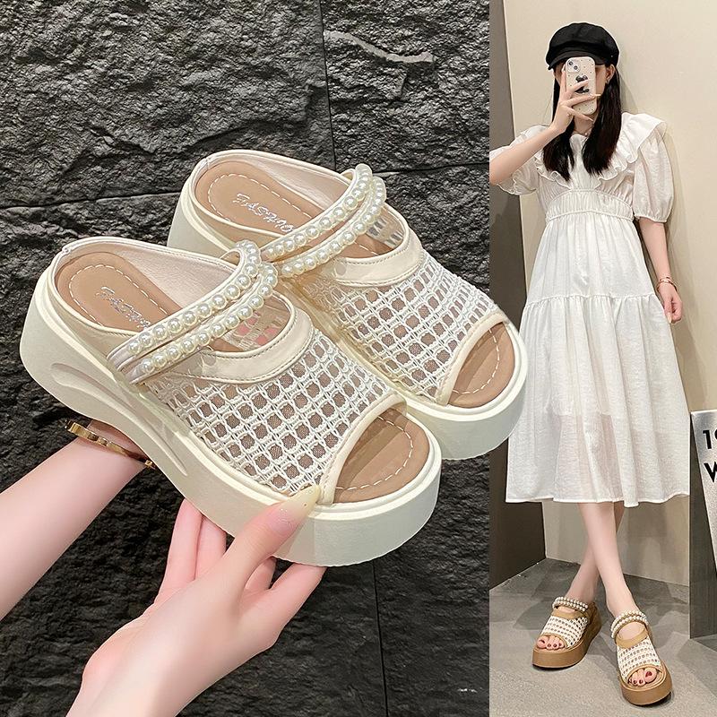 French Mary Jane Bag Head Half Slippers Women's Outer Wear 2025 Spring and Summer New Thick-soled One-pedal Pearl Cool Slippers
