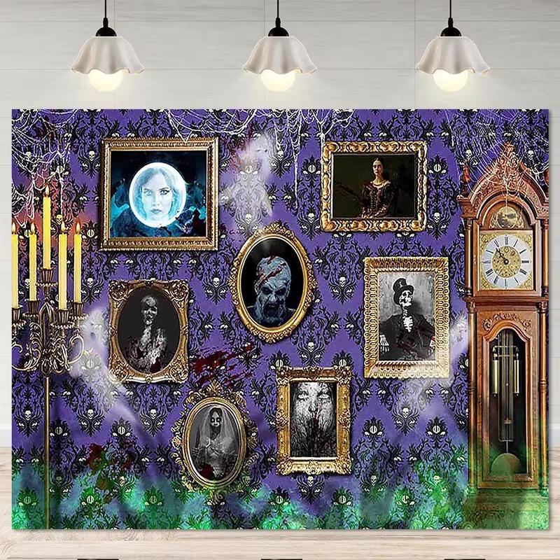 2D Spooky Haunted House Backdrop, Ghost Portraits & Grandfather Clock Photo Background