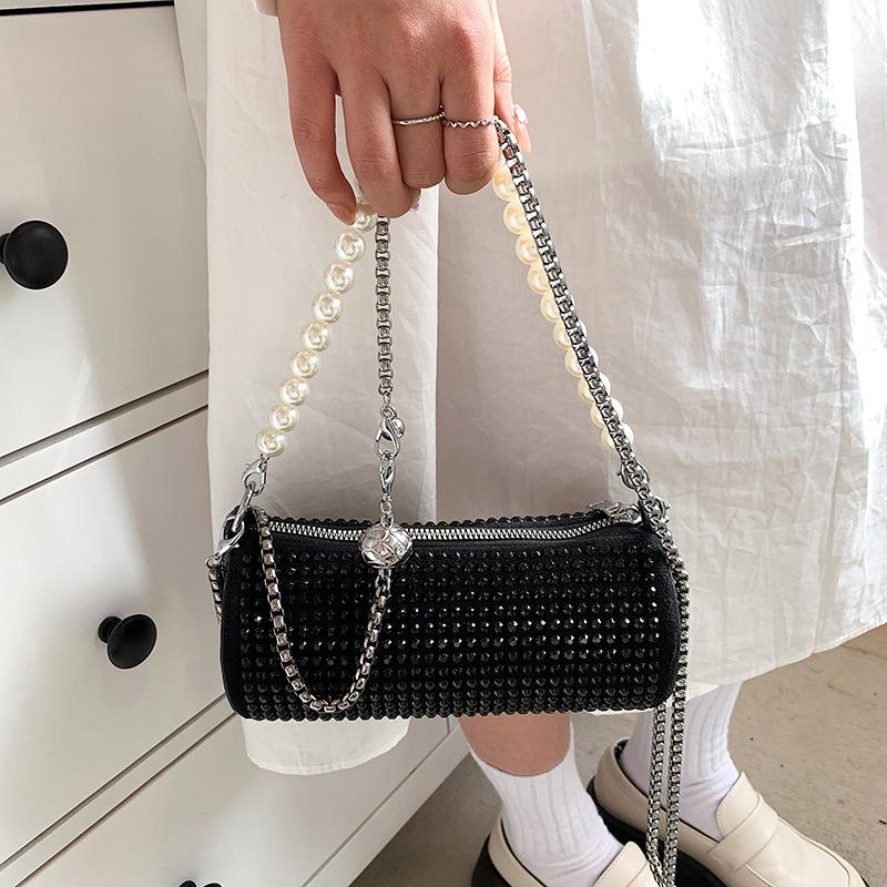 Fashion Rhinestone & Pearl Chain Crossbody Bag – Phone Pouch with Zipper, Adjustable Strap for Shoulder or Hand Carry