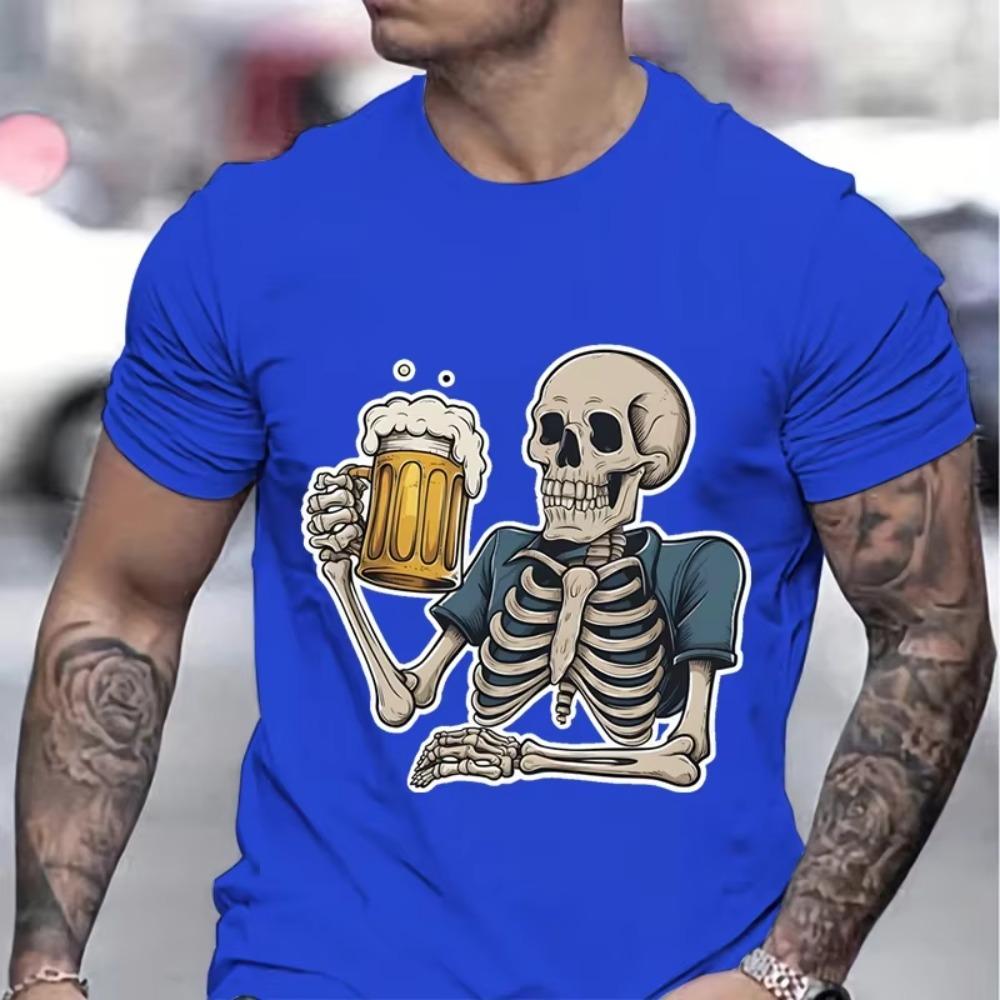 Cheering Skeleton Beer Print Men T-shirt Creative Skull and Beers Graphic Classic Tops Beer Lover Gifts Funny Summer T-shirt Men