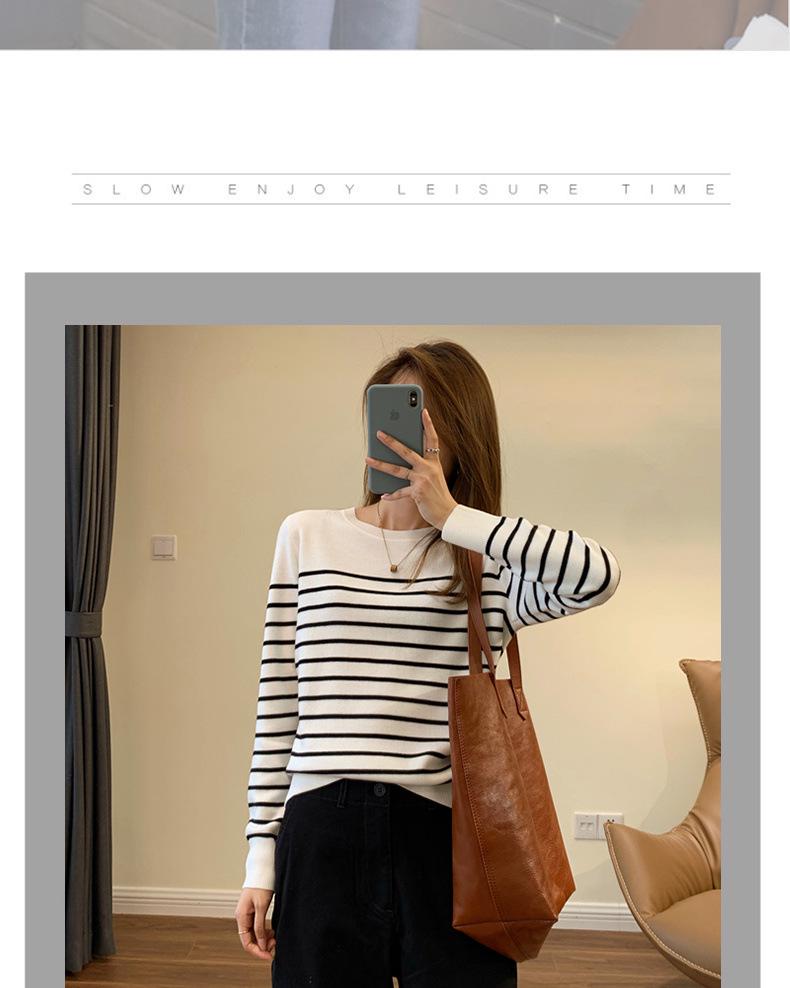 Women's Black & White Striped Korean-Style Sweater 2025 - Long Sleeve Knit Pullover for Autumn/Winter