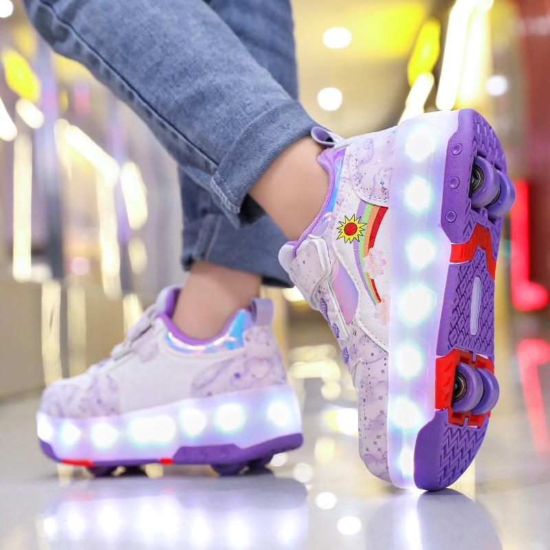 Kid's Roller Skates Removable Flat Charging LED Four Wheels Glowing Sports Shoes  Women's Glowing Sneakers