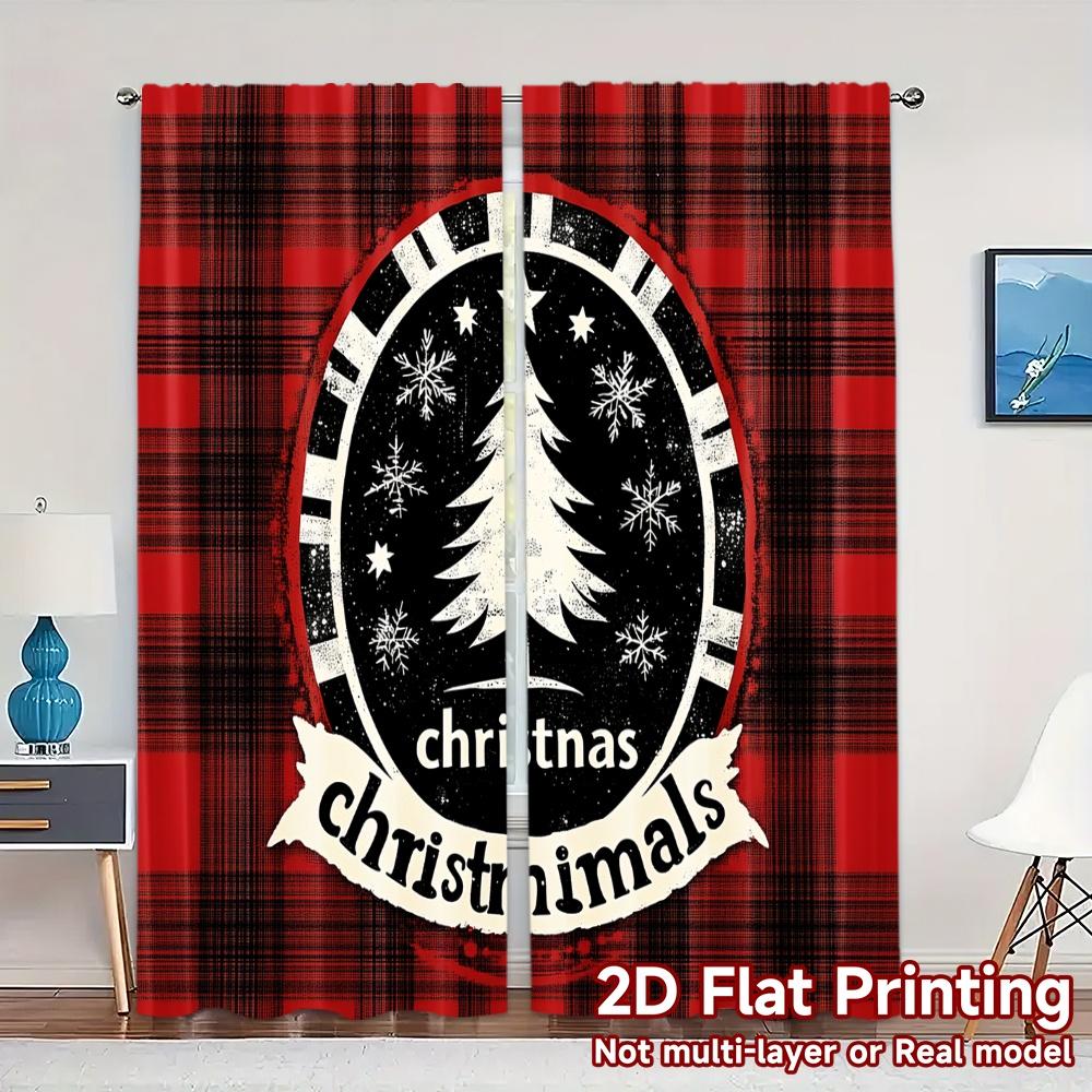 

Curtains Christmas Buffalo Plaid Tree Chic Versatile Fabric All Decorative Living Set Of 2 Made Polyester W100*H70(CM)-Hooks&1PCS