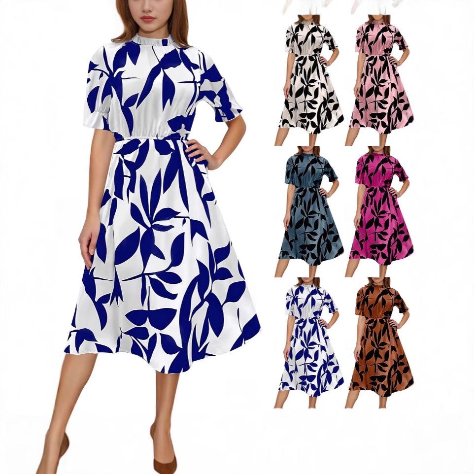 

Women s Floral Print Short Sleeve High Neck A-Line Dress with Belt, Casual Elegant Midi Dress XXL малиновий