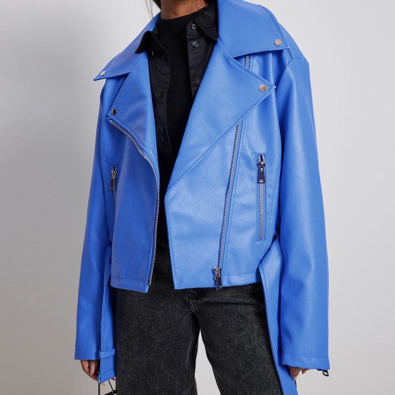 Γυναικείο Μονόχρωμο Φθινοπωρινό Χειμωνιάτικο Δερμάτινο Μπουφάν Punk Κοντό με Ζώνη Πετάκι Μπουφάν Γυναικείο Φερμουάρ Ρετρό Μοτοσικλετιστικό Μπουφάν