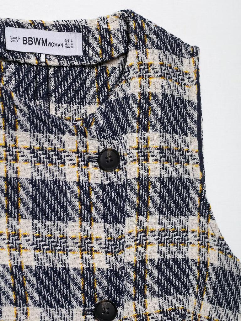 European & American Women's Summer Plaid Sleeveless Vest and Wide Pleated Culottes Set A36231/2