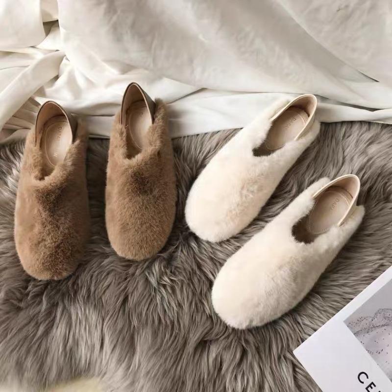 Downy Slip On Loafers Women Warm Winter Flat Fluffy Shoes Soft Sole Beige Fur Moccasins Mom Granny Furry Ballet Flats
