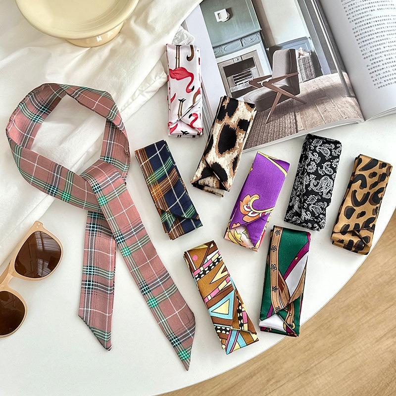 Long silk scarf new niche fashion versatile plaid leopard print neck scarf headscarf headband hair tie decorative belt