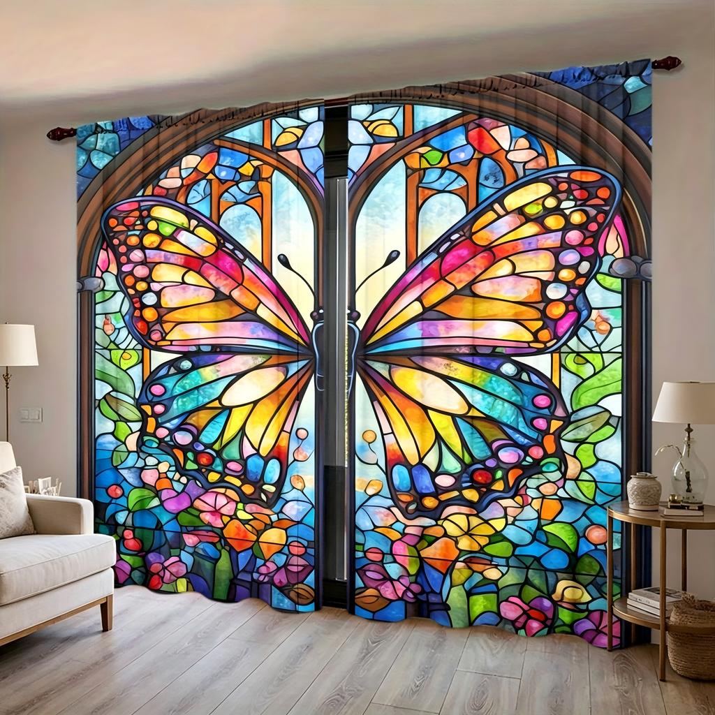2-Piece Set of Stained Glass Butterfly Curtains, Rod-Pocket Polyester Blackout Curtains, Colorful Mosaic Art Print Light-Filtering Curtains