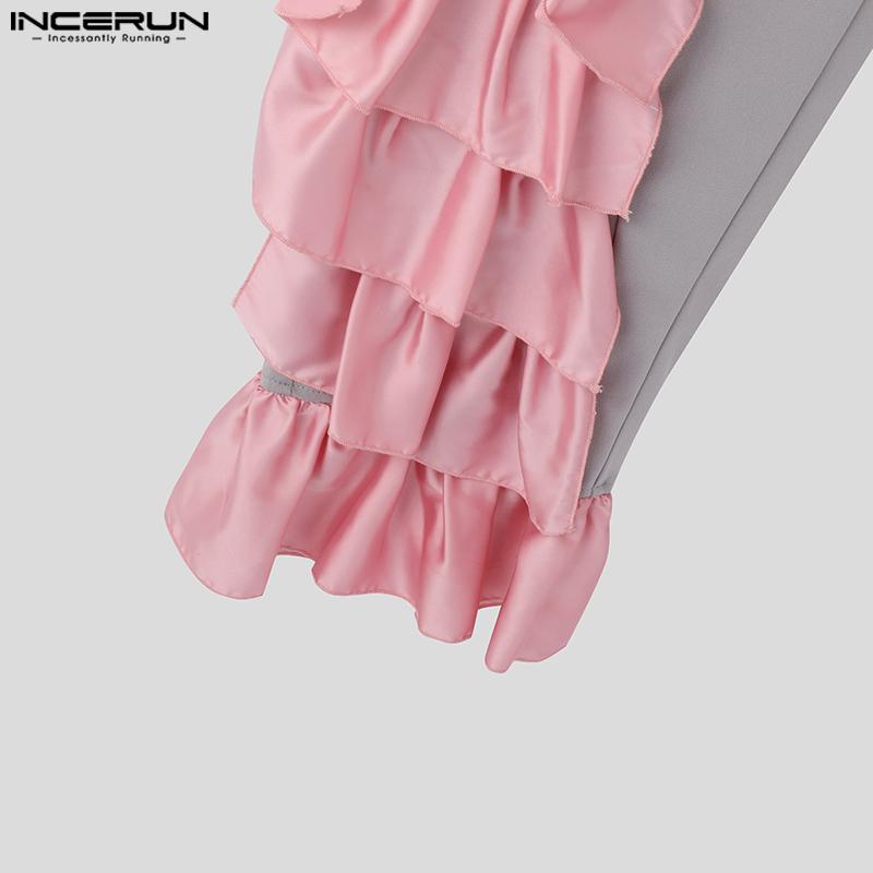 INCERUN Męskie spodnie typu bandage z elastycznym pasem i falbaną, długie, haremowe