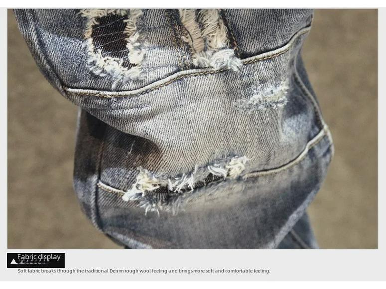 Men's Trendy Slim-Fit Ripped Skinny Jeans with Elastic Fabric and Stitched Patches