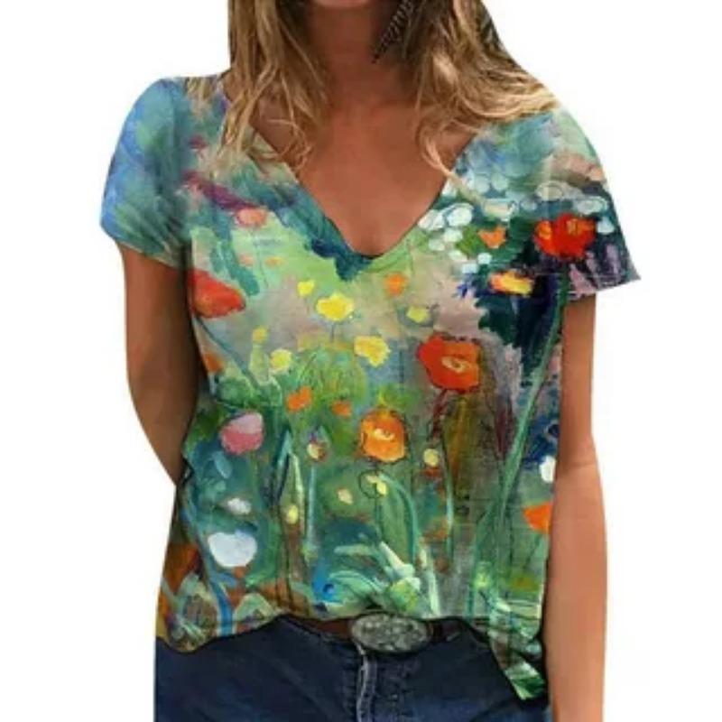 Summer V-neck 3D Ink Painting Flower Patterns Printed Top Fashionable Casual Short Sleeved Women's T-shirts