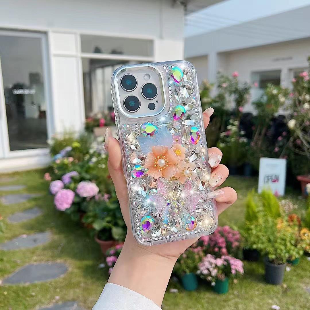 

Чехол для iPhone серии 11-17 с бриллиантовой бабочкой ручной работы iPhone 14 Pro Max светло-серый