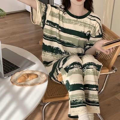 Short Sleeved Pajamas Women Summer Cartoon Girl Student Round Neck Summer Outerwear Long Pants
