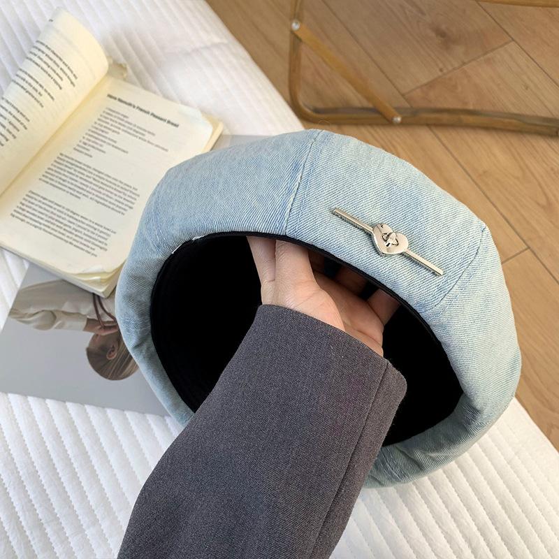 Summer Thin Breathable Love Blue Washed Denim Beret Hat For Women With Large Head Circumference And Small Octagonal Painter Hat