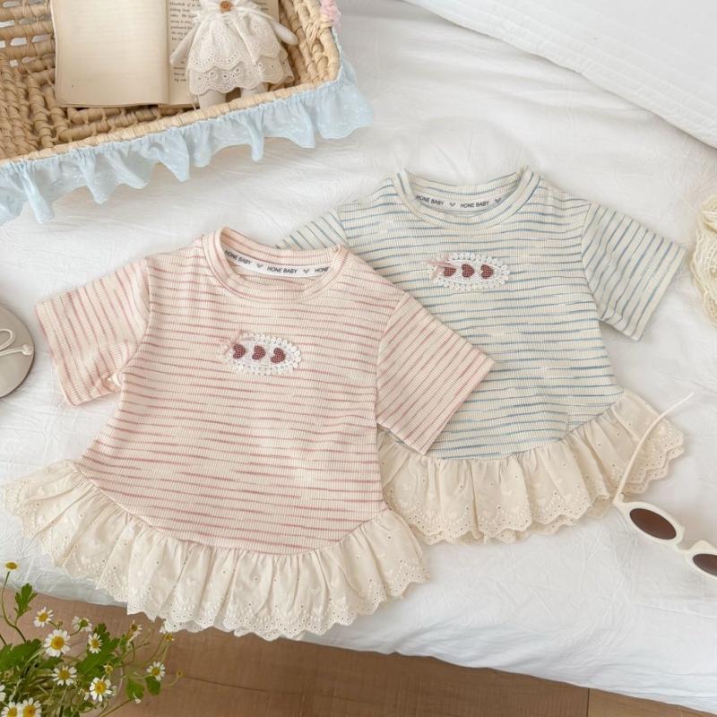 Summer Kids Girls Tees Cotton Lace T-shirt Loose Casual Sweet Short Sleeves Tops Infant Baby Girl Round Collar Tees Children Clothes