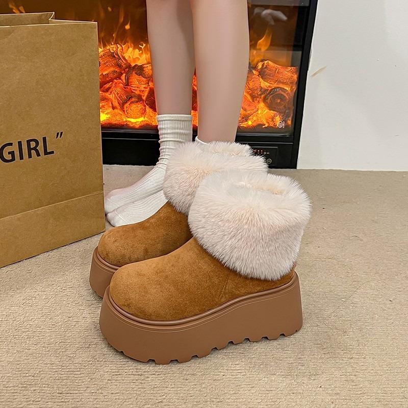 New Winter Chunky Platform Flats Women Fur Snow Boots Concise Height Increase Shoes Ladies Dress Keep Warm Cotton Short Booties