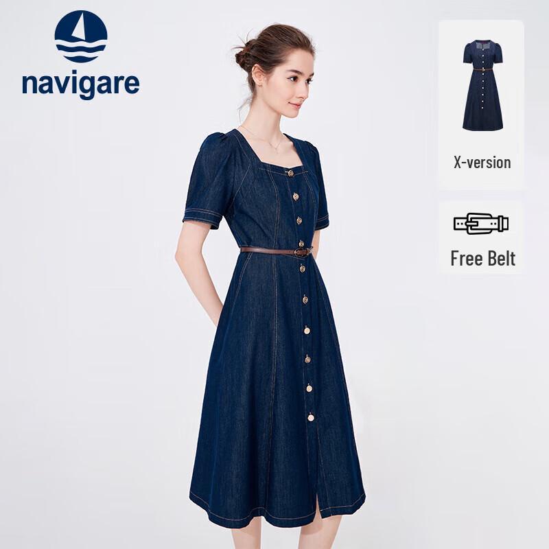 

Navigare Women s Vintage Square Neck Denim Short Sleeve Dress L