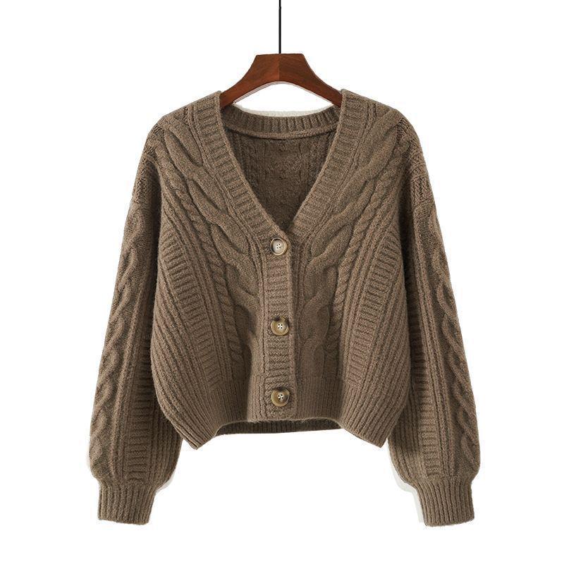 Retro Chic V-neck Cable Knit Sweater, Versatile Loose-Fit Autumn/Winter Jacket for Women
