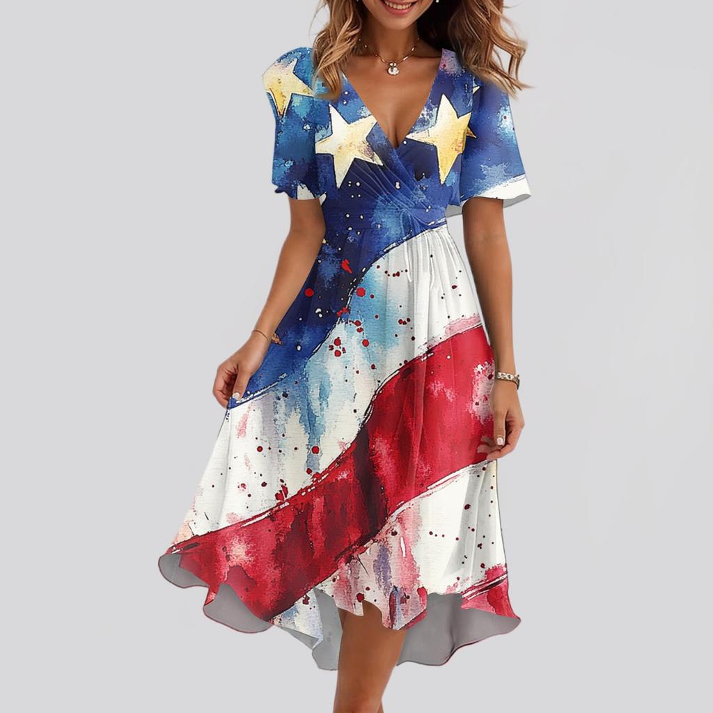 Kadın Bol Kesim Günlük V Yaka Kloş Etek Kısa Kollu Baskılı Elbise Baskılı Elbise