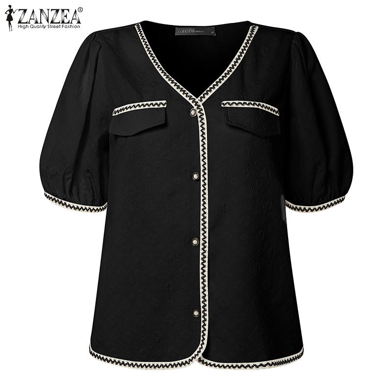 ZANZEA Elegant Women Short Sleeve Stitching Hem Buttons Casual Cropped Blouse
