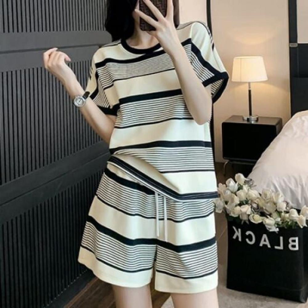 Navava Men S Striped Round Neck Short Sleeve And ShortS Set Nt1541 2color 4Size