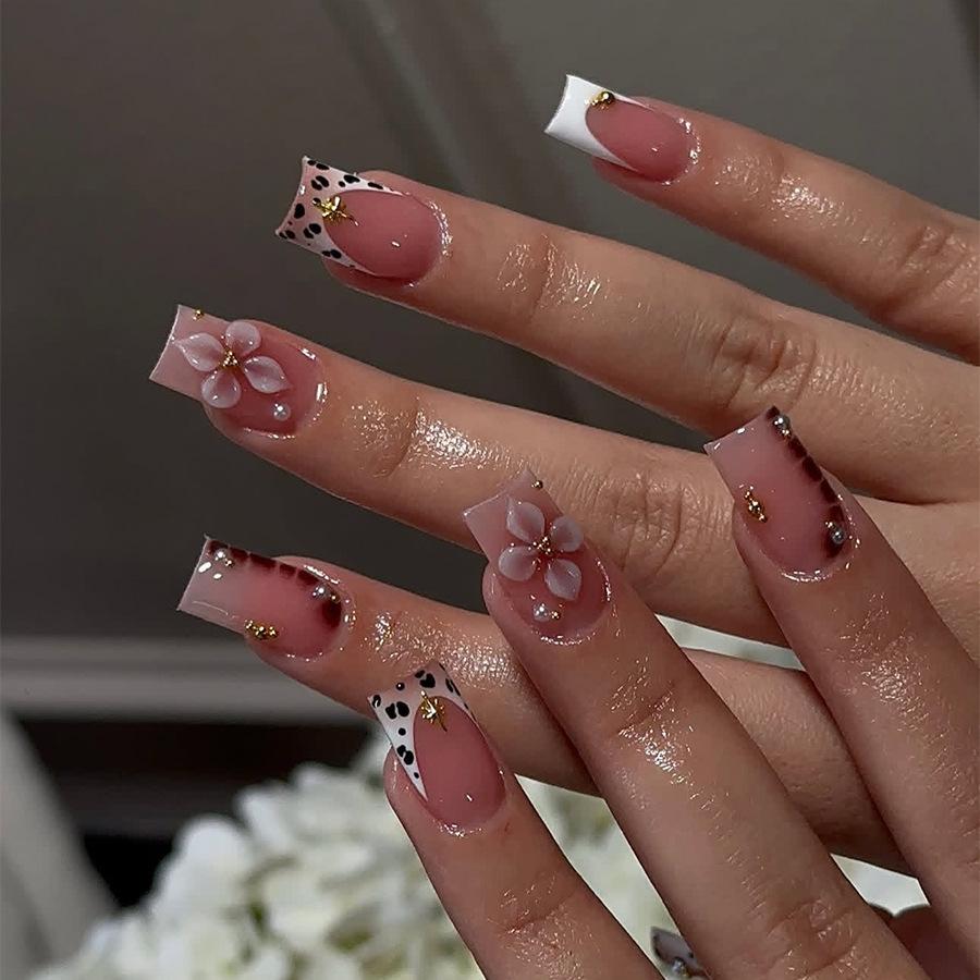 24PCS Frenh Press on Nails 3D Flowers with Leopard Print Medium Square False Nails for Women Golden Patterns Fake Nails Tips Art