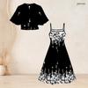 Women Plus Size Two Piece Dress Set Batwing Sleeve Cropped Shrug Strappy Floral Printed Black Flared Dress