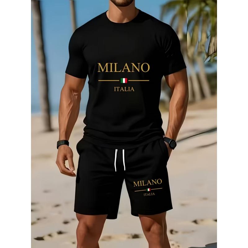 Мужской костюм футболка с коротким рукавом и шорты MILANO Принт с буквами Модный Повседневный Мужской стиль S
