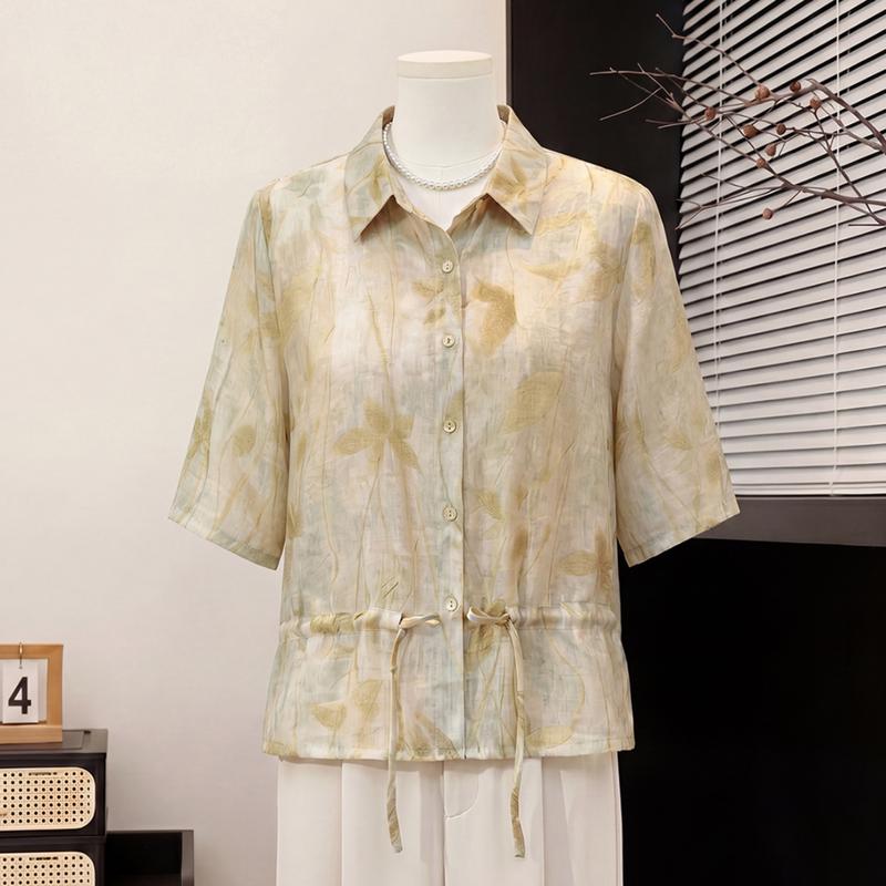 Yuzhaolin Women s Leaf Print Tie-Waist Short Sleeve Blouse 4XL жёлтый