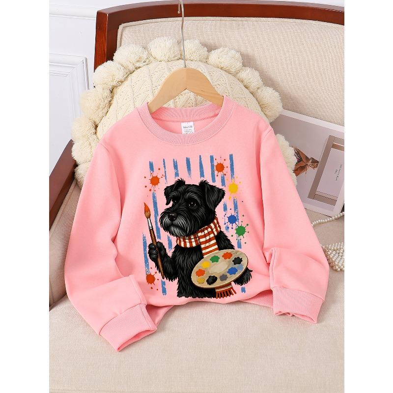 Girls' Long-sleeve Sweatshirt with Round Neck and Printed DesignArtist Dog Print Suitable for Spring and Autumn, Fashionable and Casual