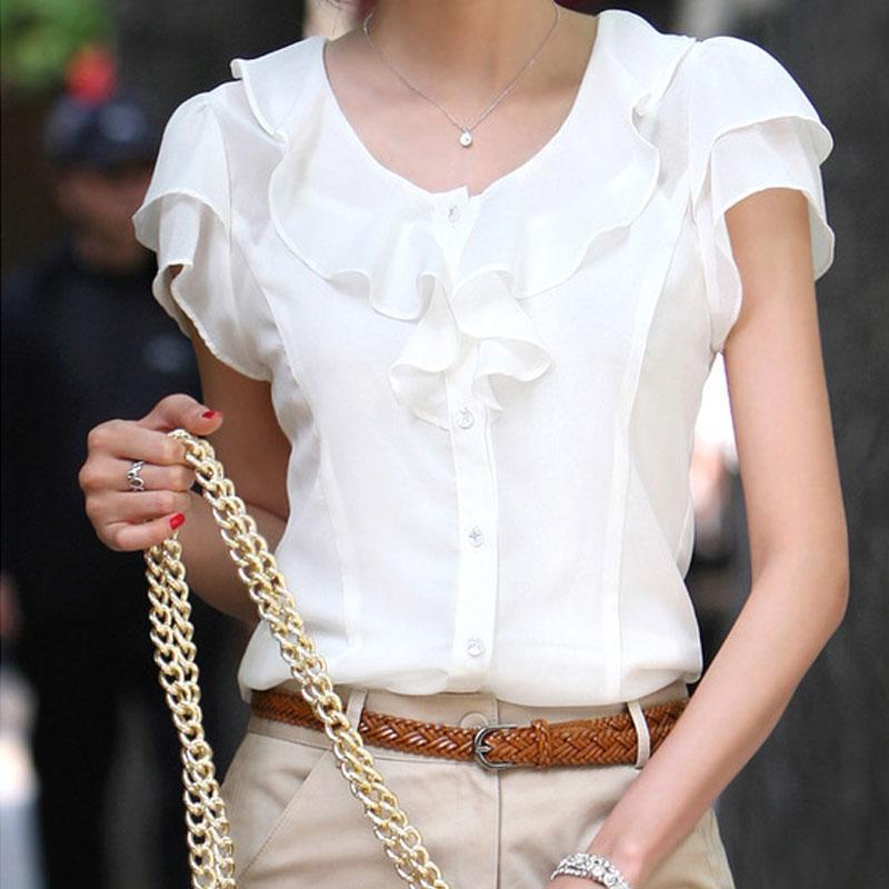

Summer Woman Korean Ruffled Shirt Lady Chiffon Lotus Leaf Sleeves Turndown Collar Slim Fit Shirt Female Business Attire Top S белый