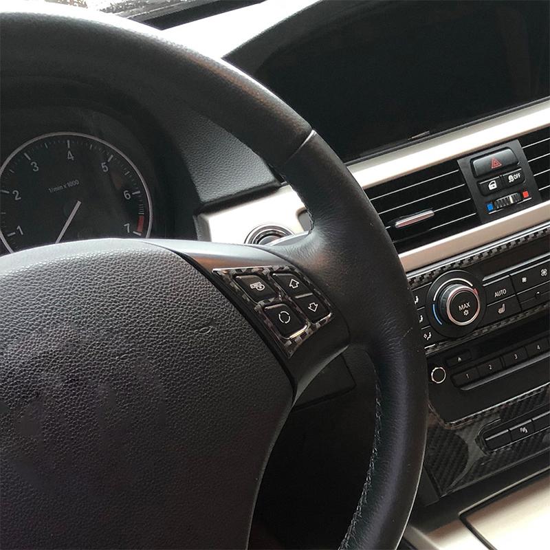 For BMW E90 E92 E93 3 Series 2005-2012 2Pcs Real Carbon Fiber Car Steering Wheel Button Frame Decorative