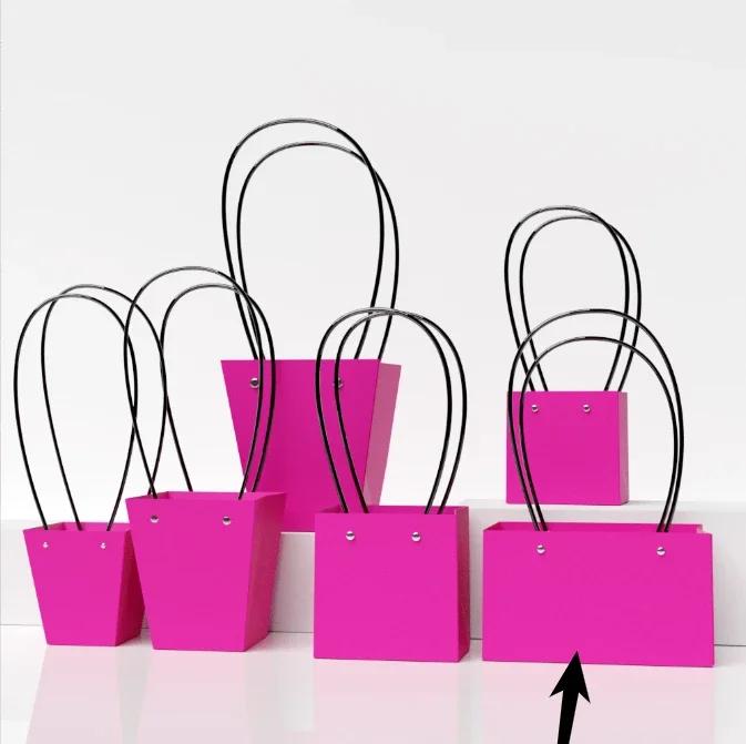 Paper Box Pink Kraft Paper Tote Bag Square Gift Bag  Flower Shop Supplies Valentine's Day Party 10pcs Fresh Flower Packaging