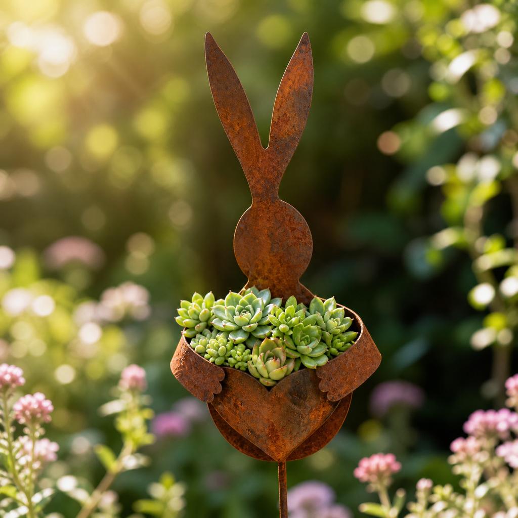 Vintage Style Rusted Metal Rabbit Garden Stake with Heart-Shaped Planter Decoration for Outdoor Lawn Patio Yard Use