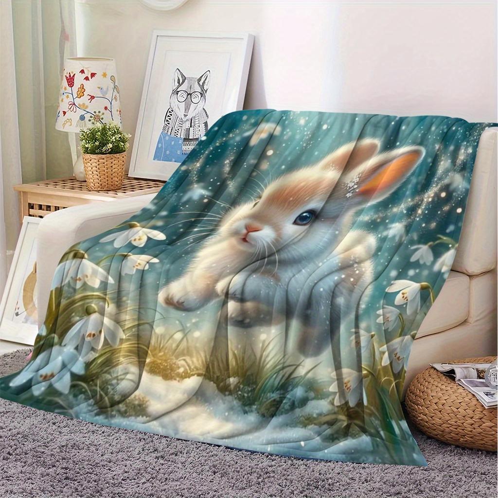 Cute Rabbit Fleece Blanket Winter Snowflake Print Throw Soft Warm All Season Bedding Home Decor Gift For Kids