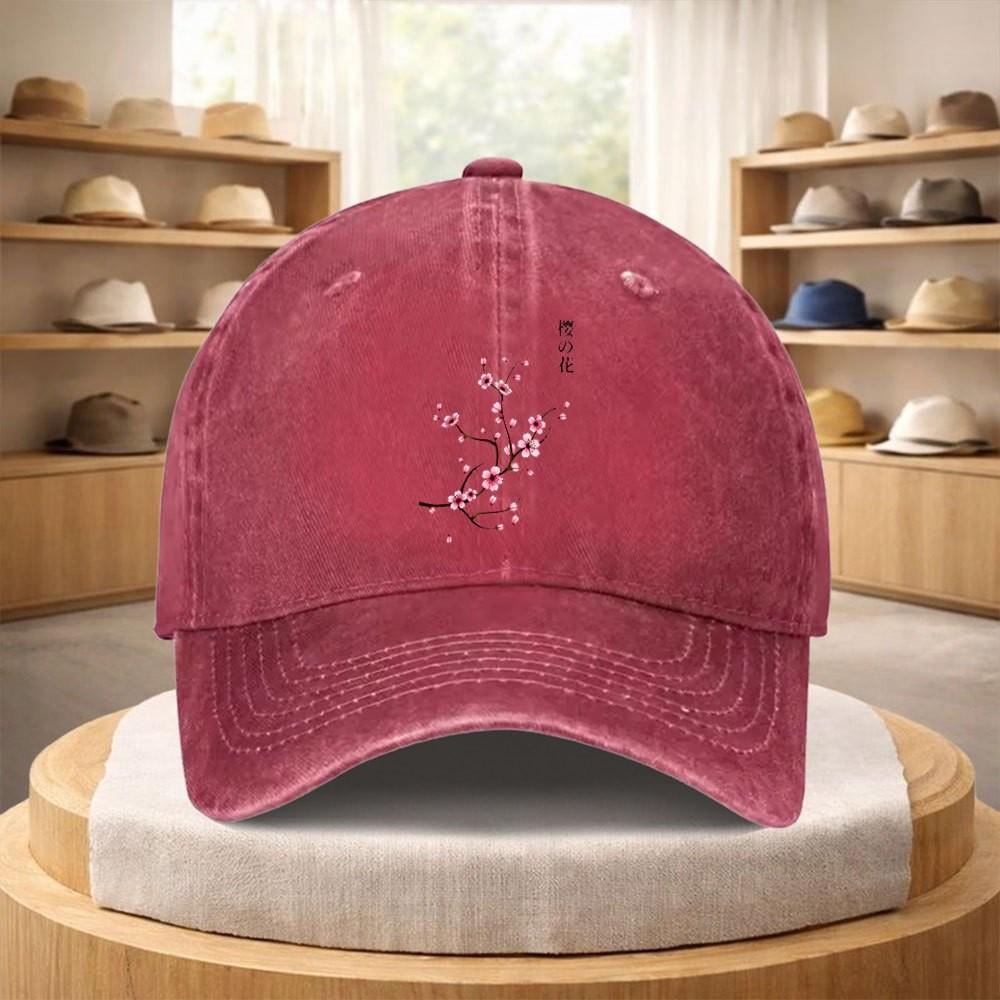 Cherry Blossom Baseball Cap Washed Denim Street Fashion Adjustable Hat for Unisex Adults