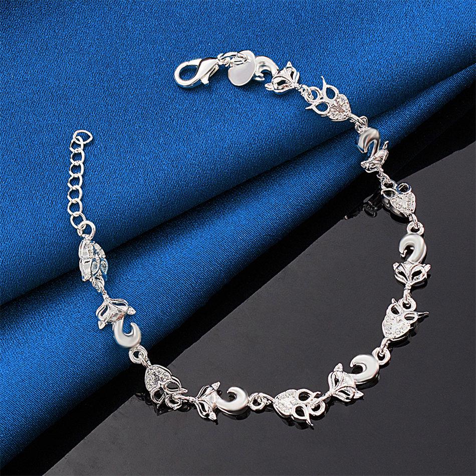 Braccialetto 925 argento sterling con ciondoli, 8 pollici, volpe cuore carino, per moda donna, regali per feste e accessori