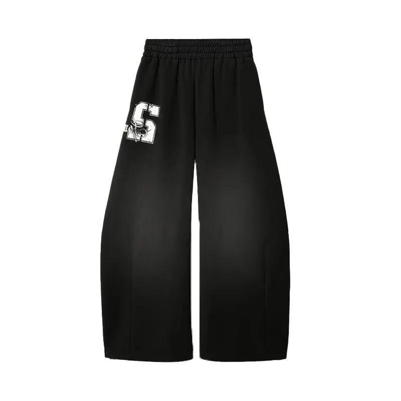 Унисекс Американский Ретро Синие Широкие Штаны-Джоггеры с Градиентом и Шнурком, Свободный Крой, Свободный Повседневный Стиль L чёрный