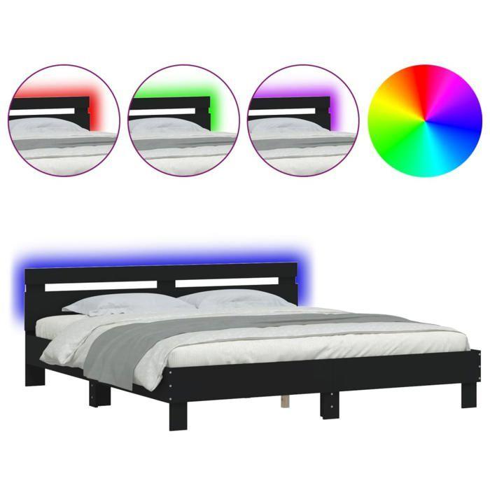VidaXL Bed Frames with Headboard and LED, Double Bed with Slatted Base, Adult Bedroom Bed, Black 200x200 Cm Wood 3207519