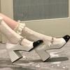 2026 Retro French Fashion Square Head High Heels Pearl Coarse Follow Shoes