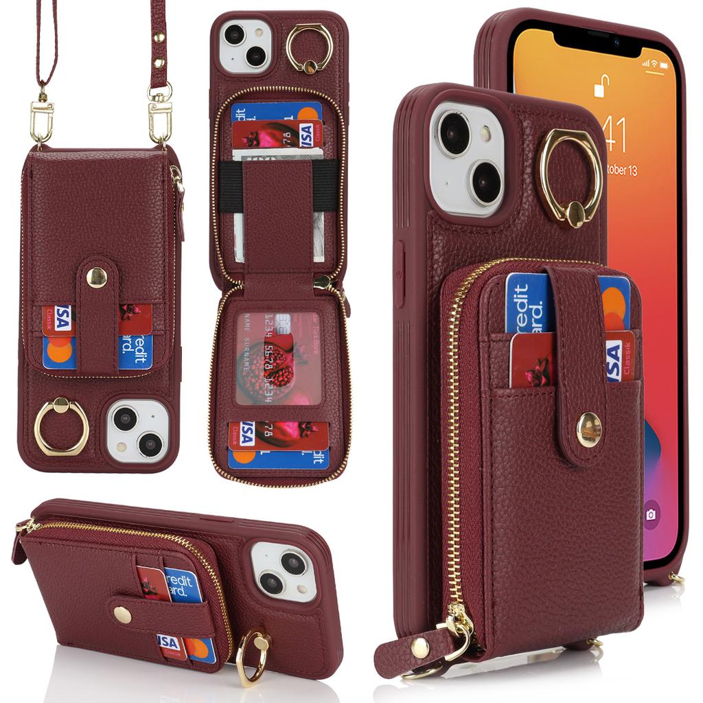 Applicable To iPhone17 Mobile Phone Case 16Pro Lychee Pattern Zipper Change Bag Insert Card Ring Buckle Diagonal Span Protective Case
