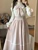 Women's Light Pink Off-Shoulder Dress: Autumn, Sweet Bow Tie, Lace Waist, Long and Trendy
