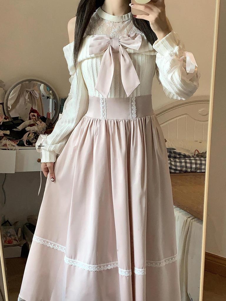 Women's Light Pink Off-Shoulder Dress: Autumn, Sweet Bow Tie, Lace Waist, Long and Trendy