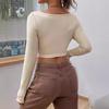 Ladies Spring Summer Long Sleeve V Neck Solid Color Knot Irregular Pullover Casual T Shirt Crop Top