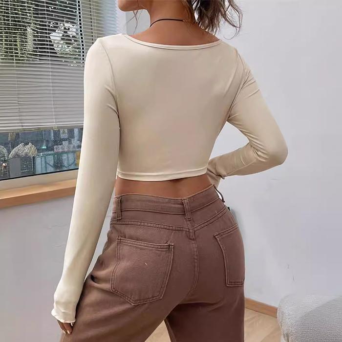 Ladies Spring Summer Long Sleeve V Neck Solid Color Knot Irregular Pullover Casual T Shirt Crop Top