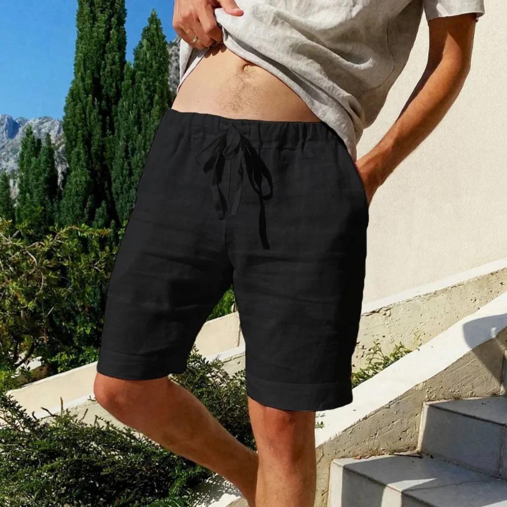 Summer Men's Cotton Linen Breathable Shorts Hawaii Beach Pants Male Solid Color Trousers Loose Versatile Streetwear