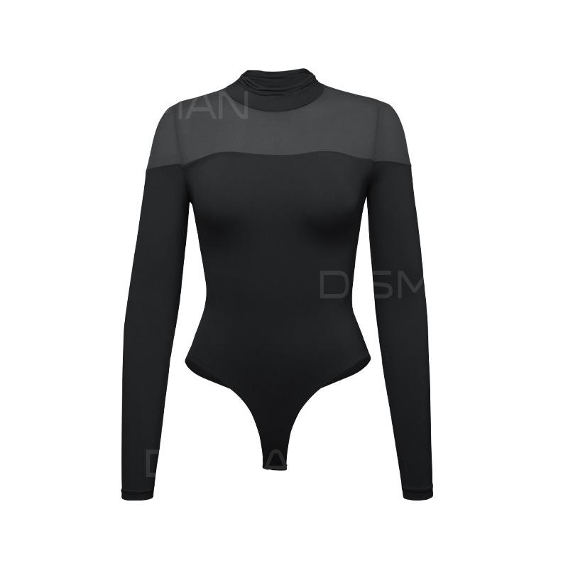 Sexy Mesh Patchwork Slim-Fit Bodysuit with High Neck and Long Sleeves