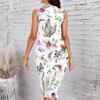 Women Plus Size Sleeveless Round Neck Midi Bodycon Dress White Base Cactus Floral Print Slim Fitted Dress